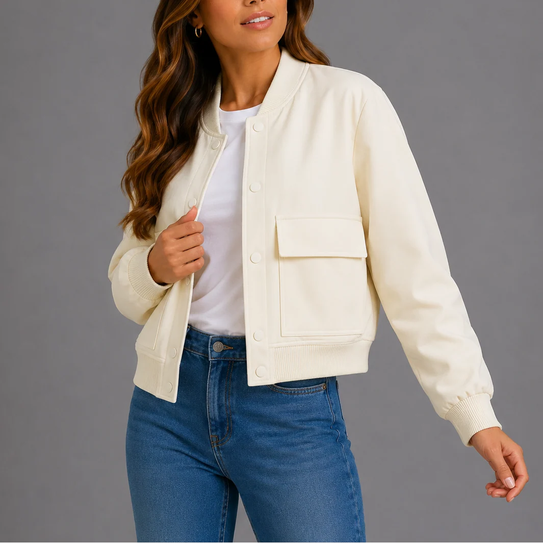 Back view of women's bomber jacket highlighting relaxed fit and smooth lightweight fabric