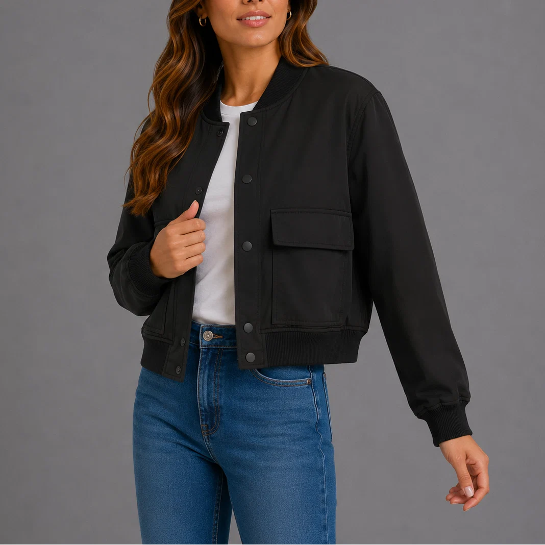 Women's bomber jacket in navy demonstrating versatile outerwear for spring and autumn wear