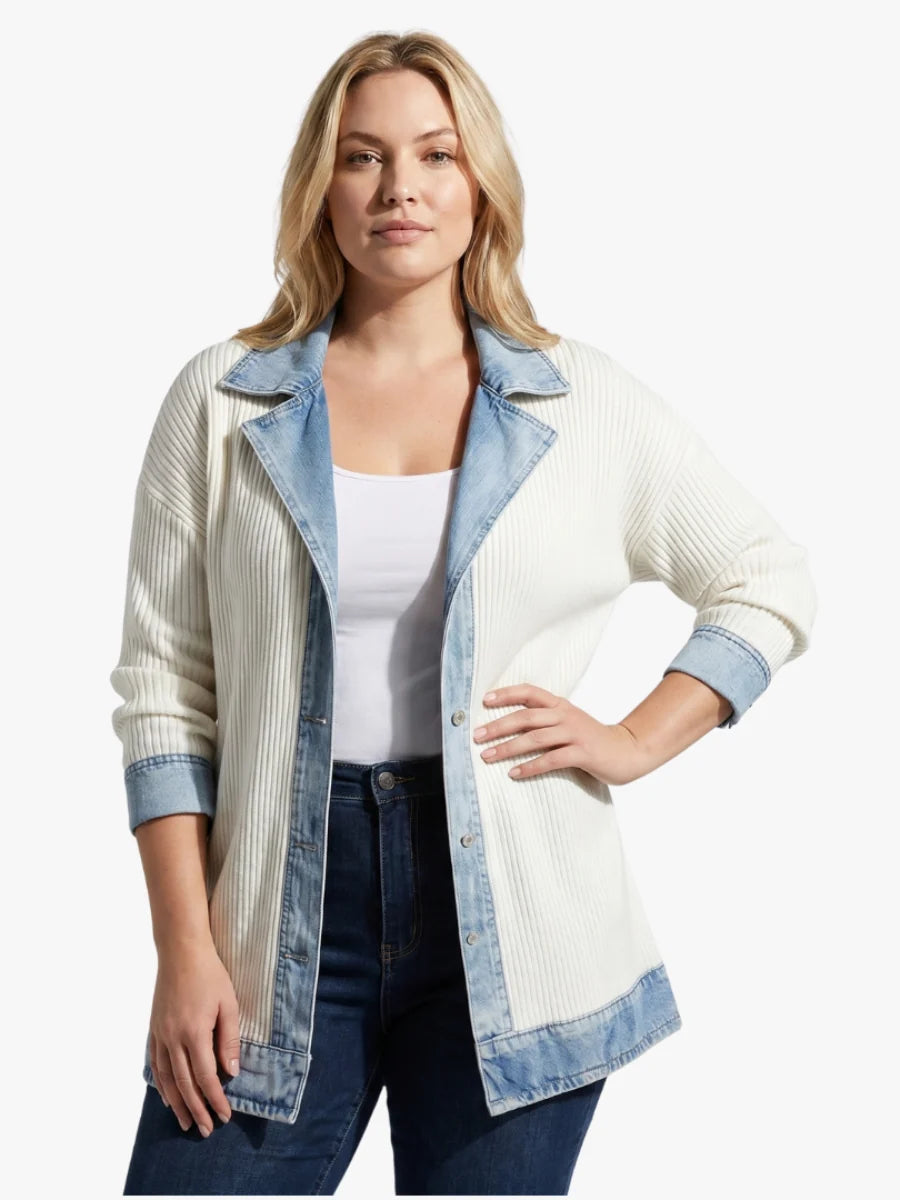 Women's denim knit hybrid jacket in cream with light blue denim collar and cuffs, relaxed fit
