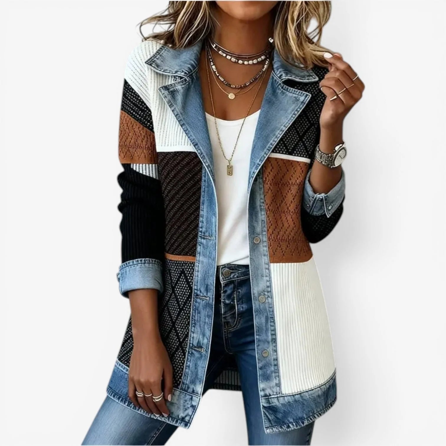 Side view of women's denim knit jacket with three-quarter sleeves and button front closure