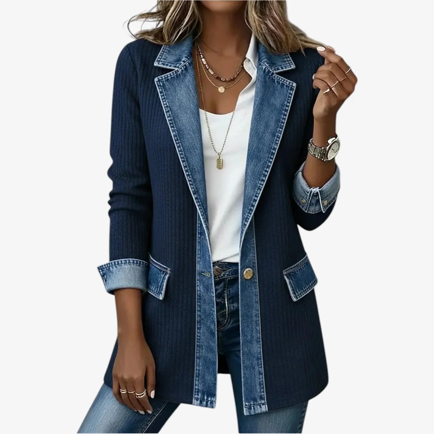 Front view of women's hybrid jacket in multicolour option with denim and knit contrast