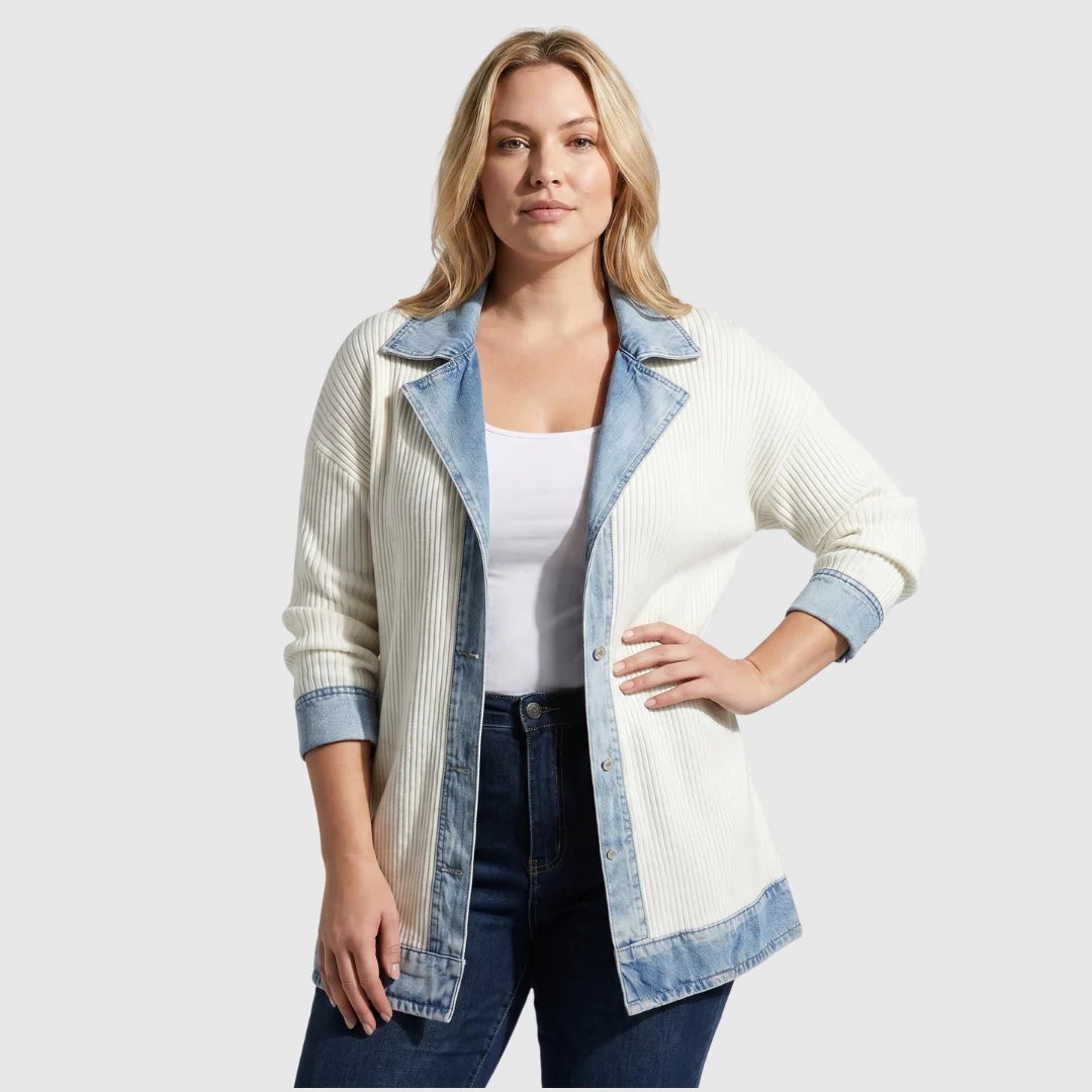 Full-length view of women's denim knit jacket showing relaxed hip-length cut and open front