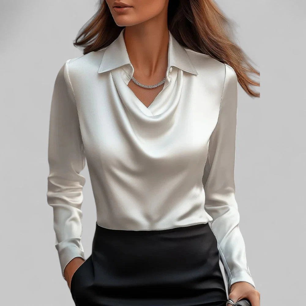 Women's draped collar blouse in ivory with structured collar and soft cowl neckline detail