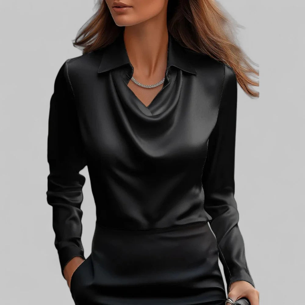 Close-up of draped collar blouse showing satin-finish fabric and elegant cowl drape