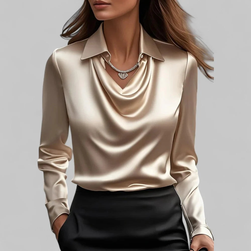 Women's draped collar blouse styled with black trousers for office wear