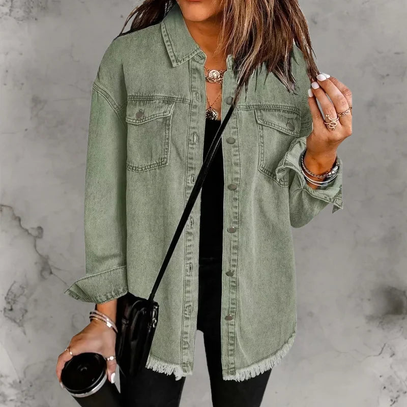 Back view of women's oversized denim shacket showing shoulder seam and overall silhouette