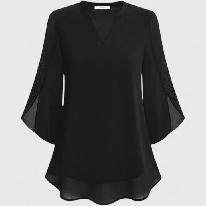 Women's V-neck blouse with flared lace sleeves and flowing curved hem in black