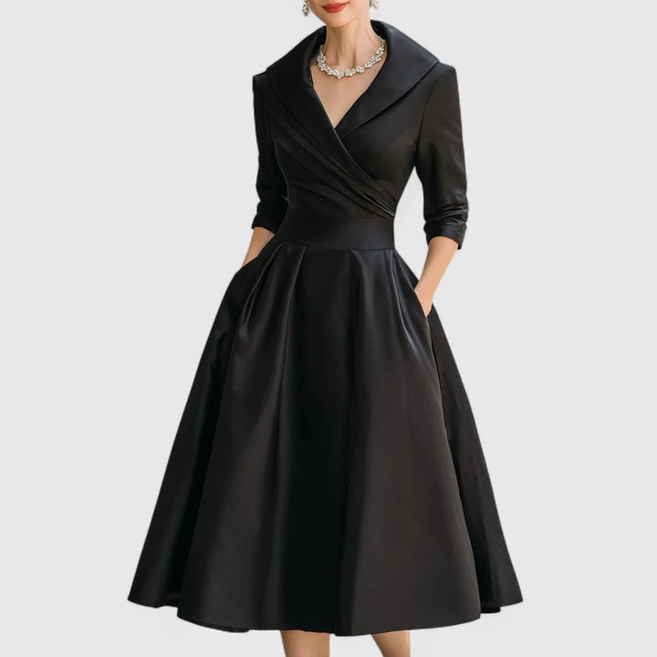 Wrap bodice midi dress with wide collar and three-quarter sleeves in structured fabric with pleated skirt