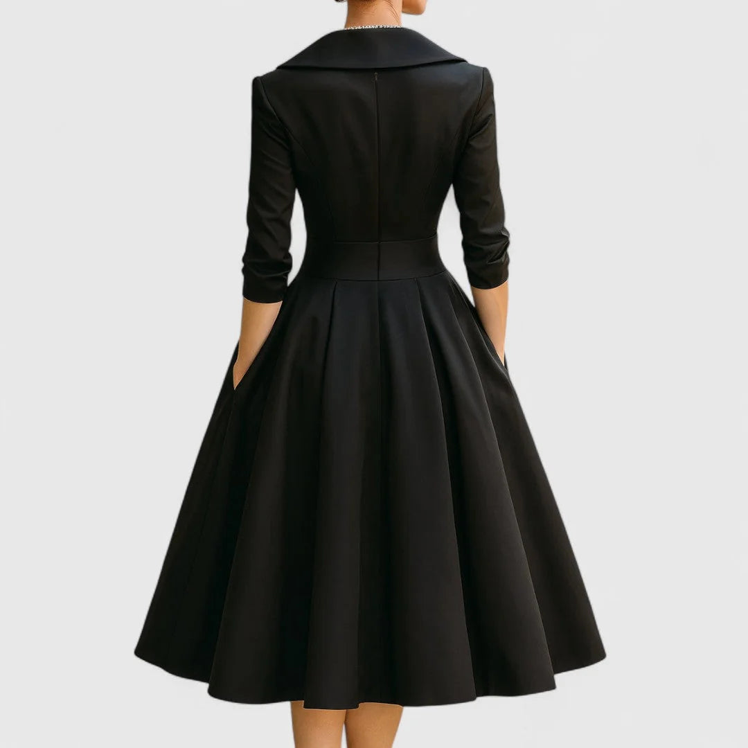 Side pocket detail on wrap bodice midi dress with pleated skirt construction