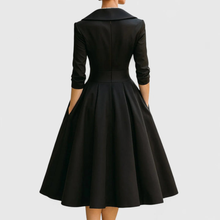 Side pocket detail on wrap bodice midi dress with pleated skirt construction