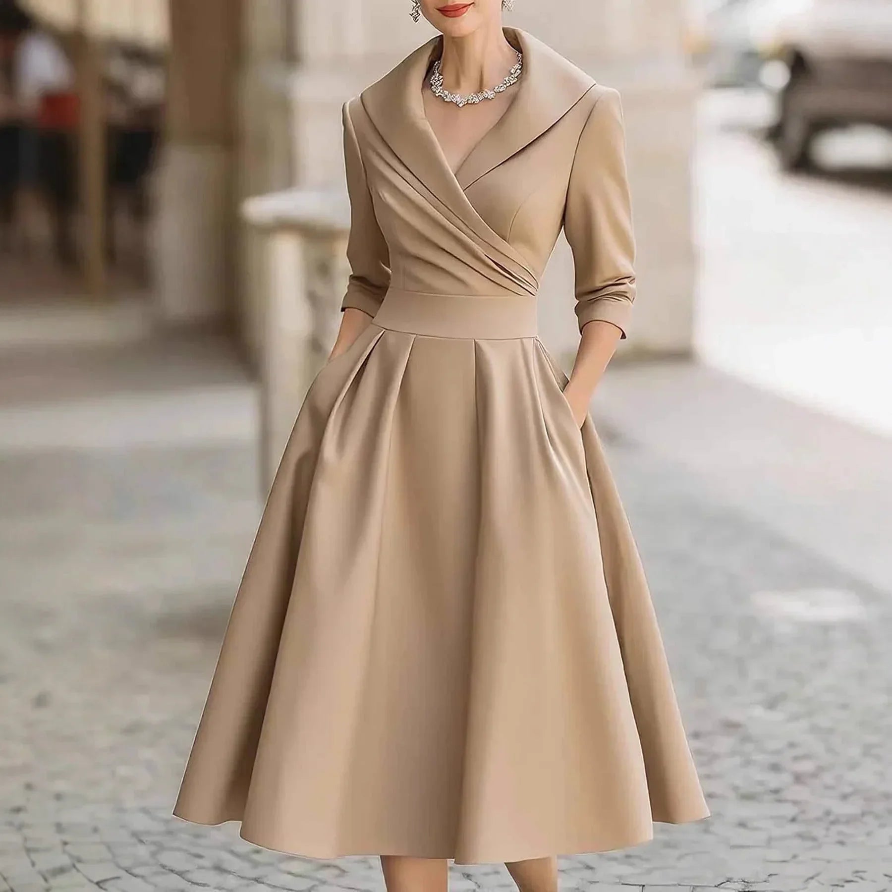 Wrap bodice midi dress three-quarter sleeve cuff detail and collar styling