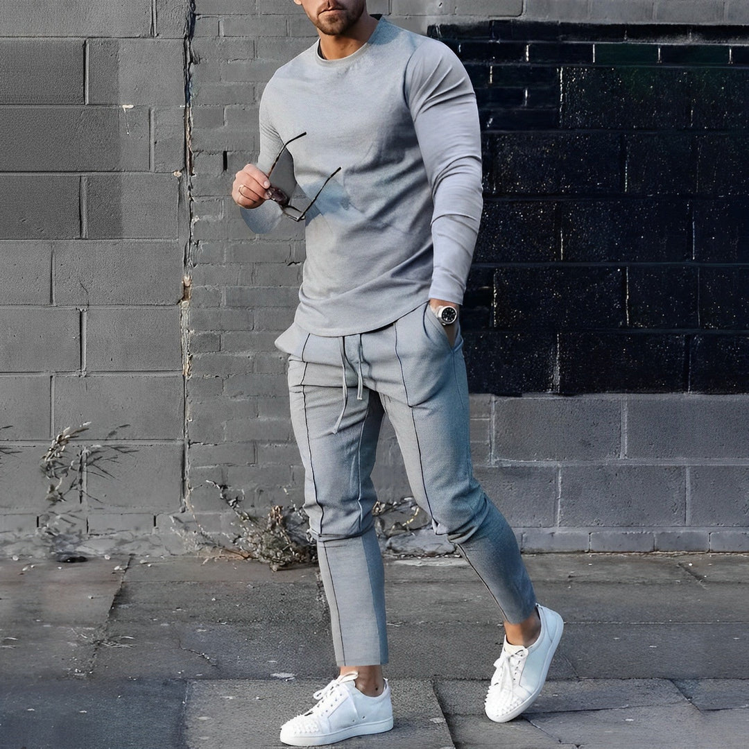 Close-up view of men's casual matching set showing relaxed fit and crew neckline detail