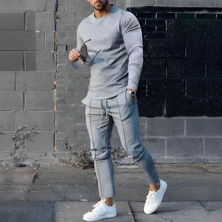 Close-up view of men's casual matching set showing relaxed fit and crew neckline detail