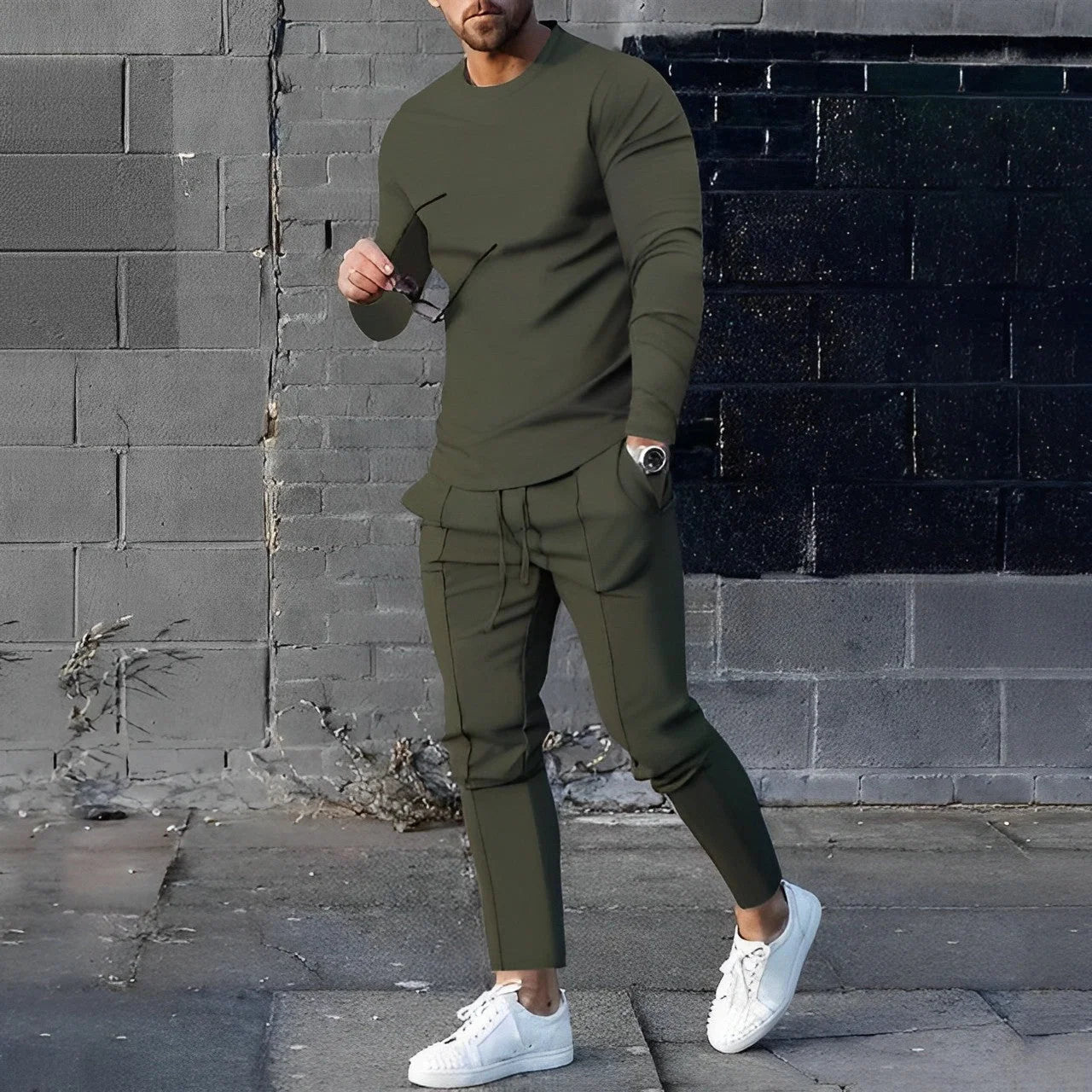 Men's casual matching set styled with white trainers for weekend wear