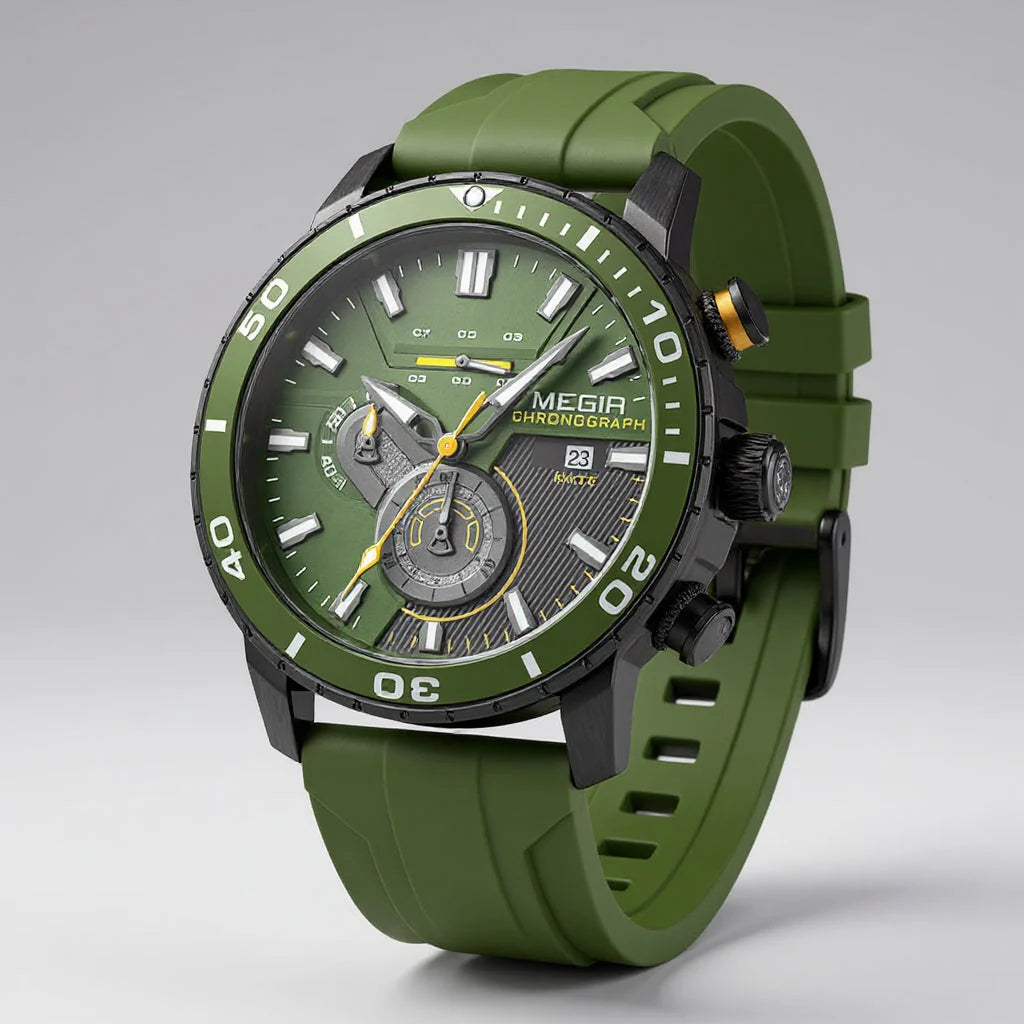 Men's chronograph watch with green silicone strap, 44mm black case, rotating bezel, and textured dial
