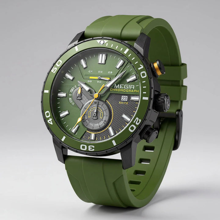 Men's chronograph watch with green silicone strap, 44mm black case, rotating bezel, and textured dial