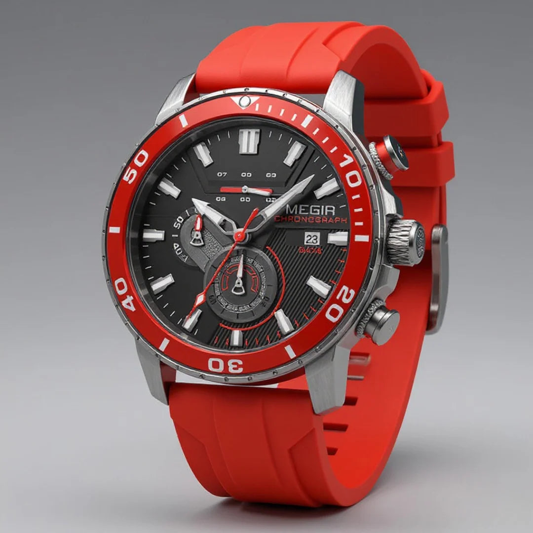 Side view of men's sport watch with black case, crown, and green silicone strap