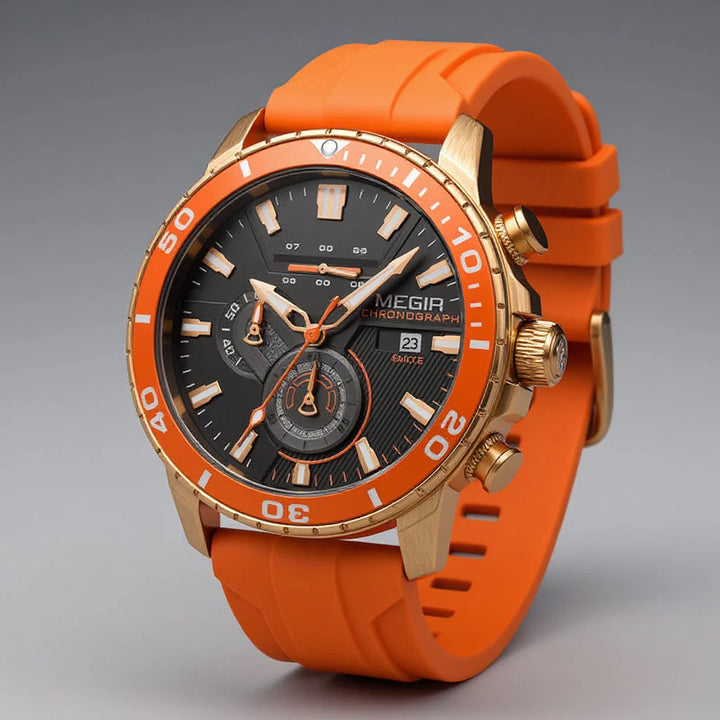 Men's chronograph watch on wrist showing comfortable fit and sporty design