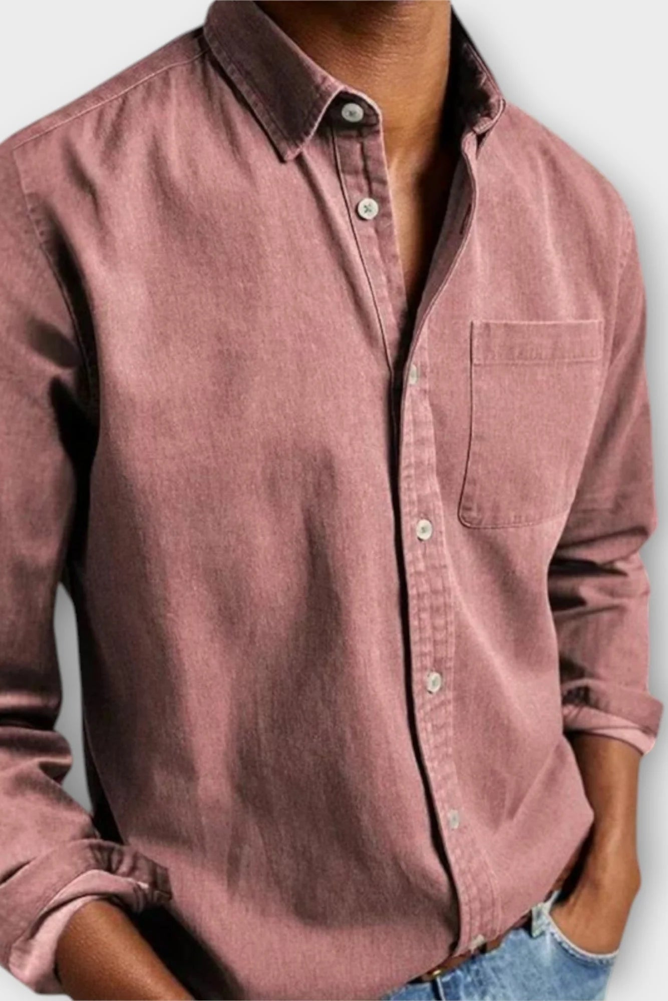 Men's relaxed fit denim shirt in casual setting, comfortable everyday shirt for layering or solo wear