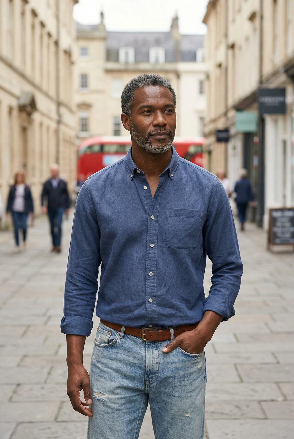 Side profile of men's relaxed fit denim shirt in mid-blue, smooth woven finish with chest pocket