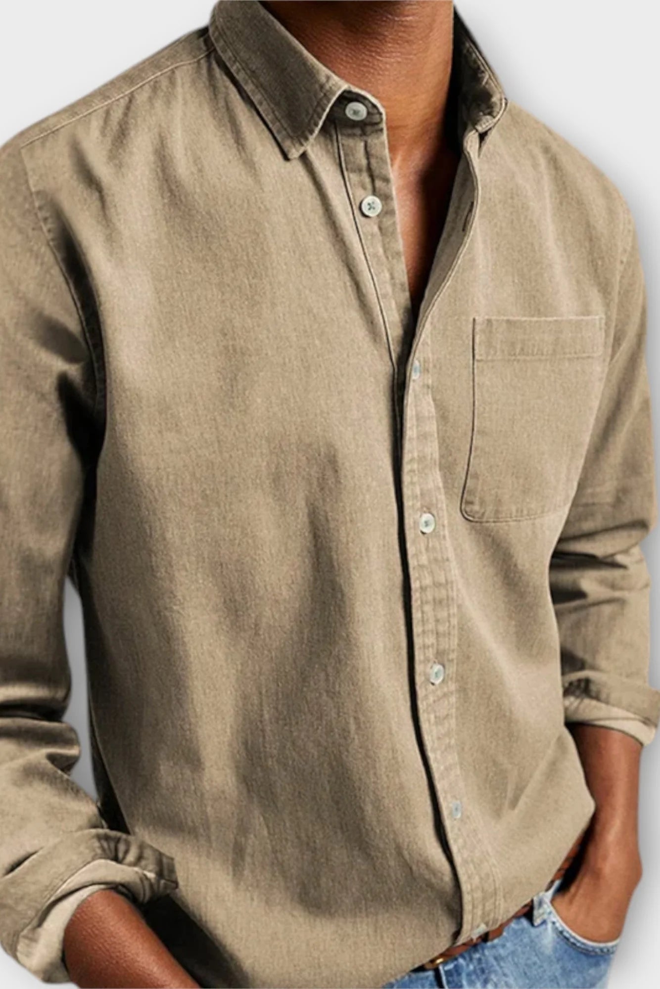 Men's button-up denim shirt paired with jeans, casual outfit for weekend wear