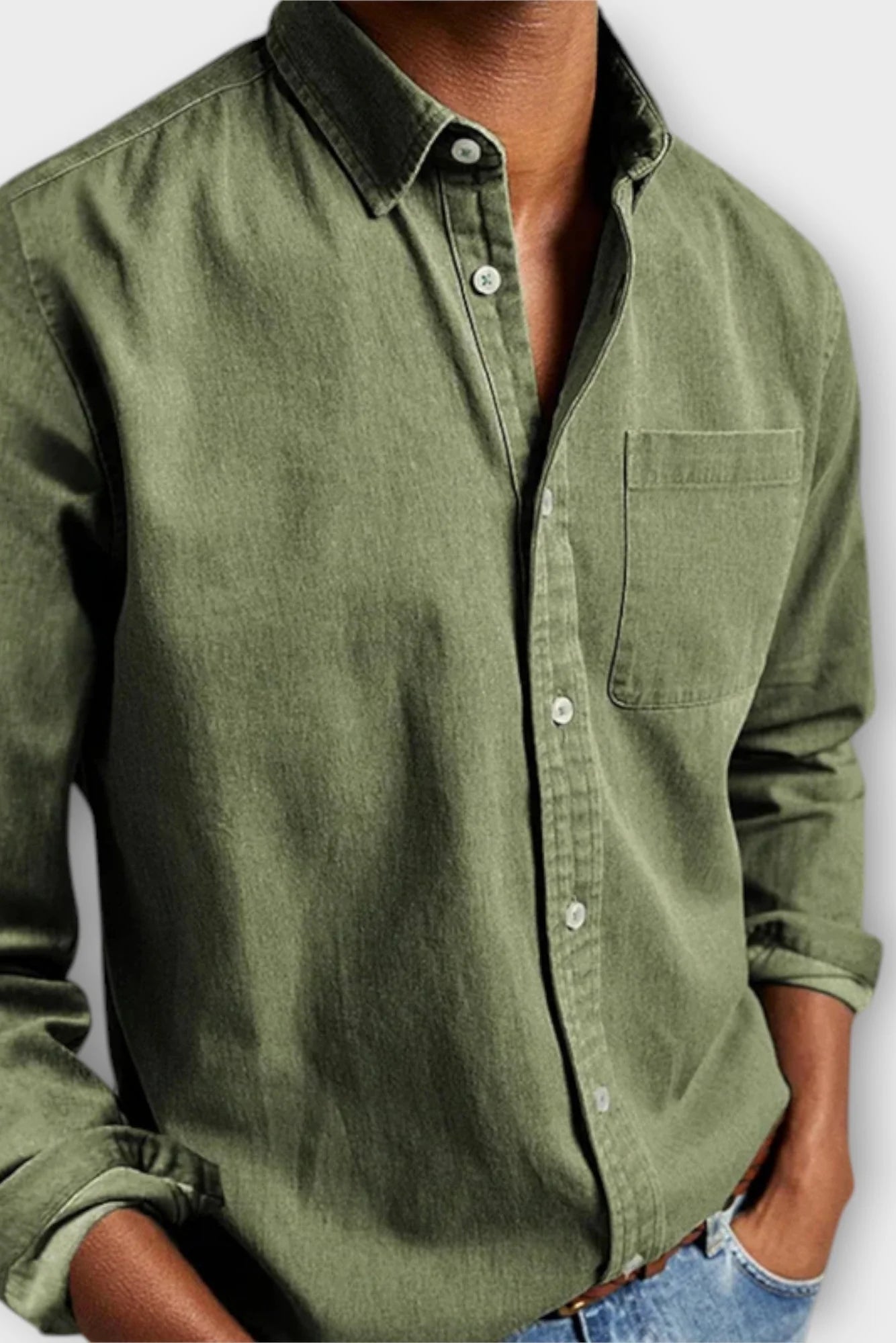 Men's denim shirt styled with chinos, versatile casual shirt for smart-casual occasions