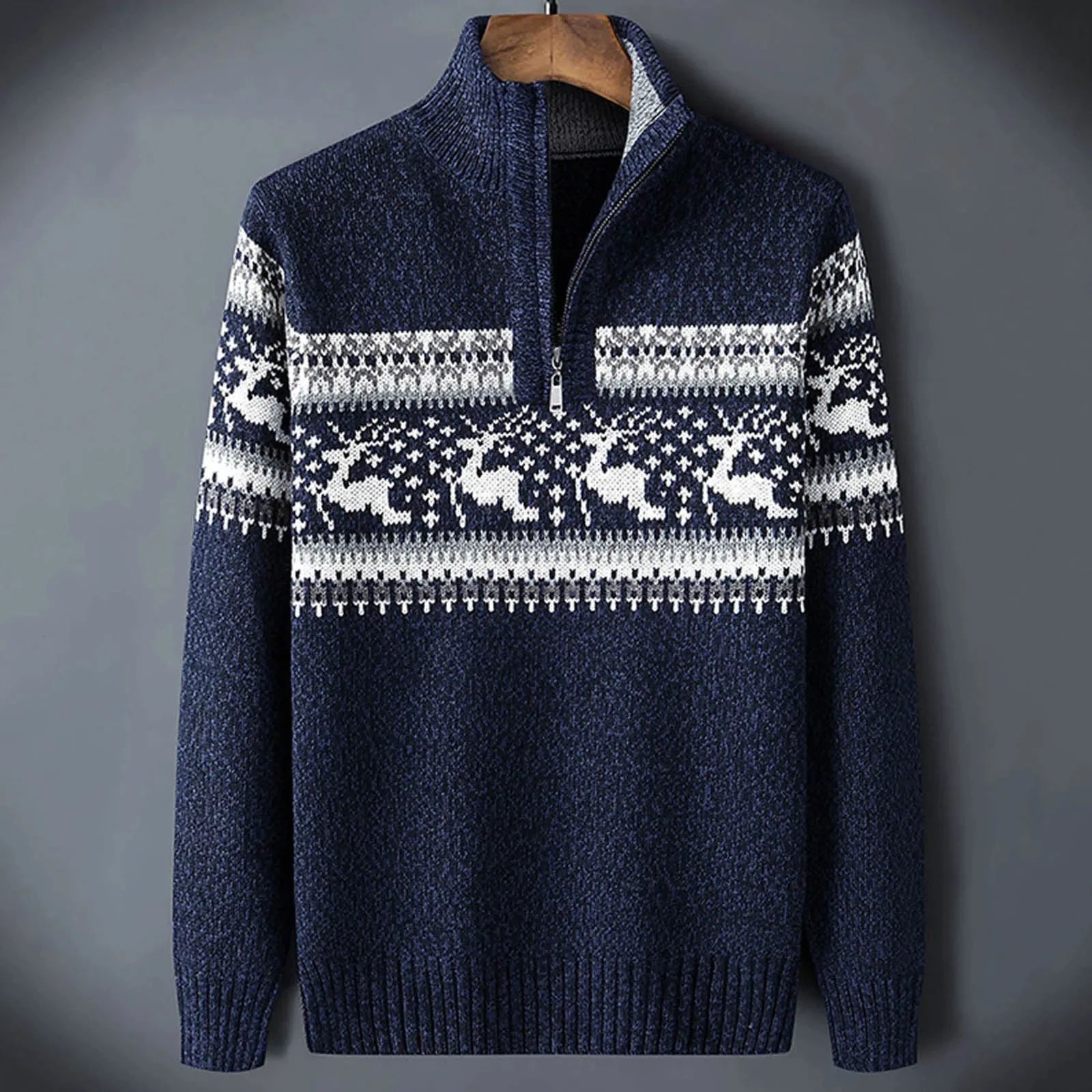 Men's navy Fair Isle half-zip jumper with Nordic reindeer pattern and stand collar on wooden hanger