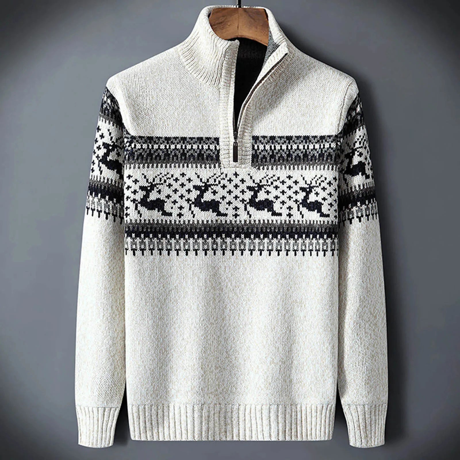 Men's Fair Isle half-zip jumper showing ribbed cuffs and chunky knit texture in navy