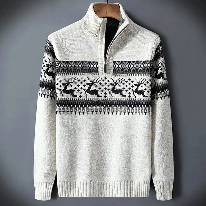 Men's Fair Isle half-zip jumper showing ribbed cuffs and chunky knit texture in navy