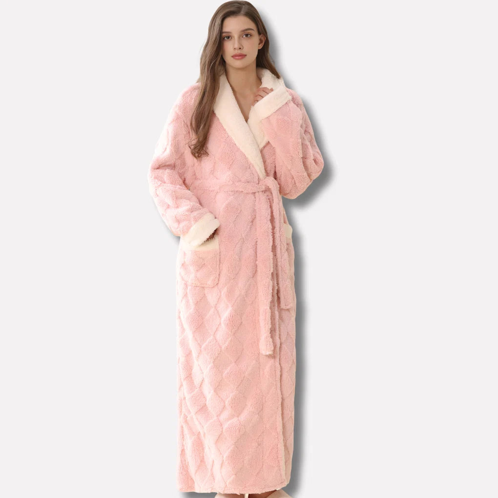 Men's hooded fleece dressing gown in pink with full-length coverage and wrap-front tie belt