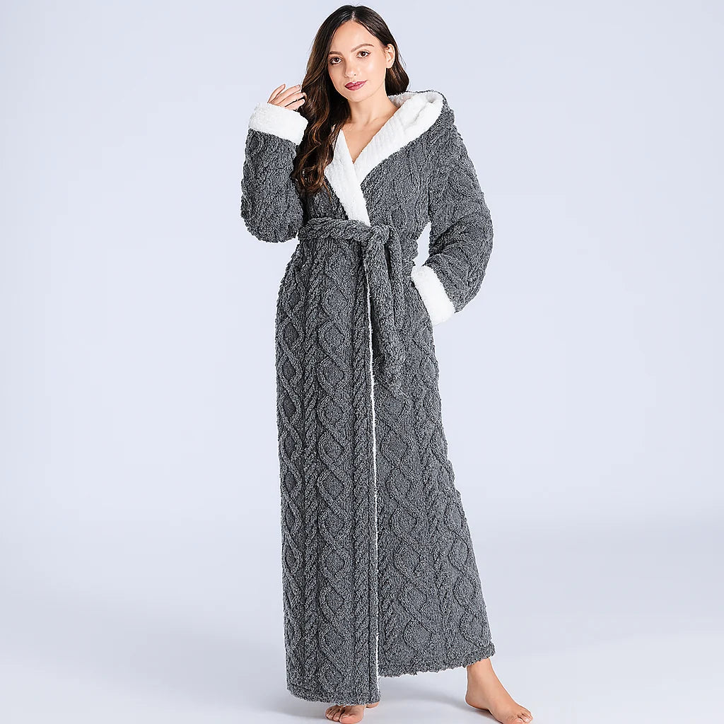 Close-up view of men's hooded fleece dressing gown showing plush textured fabric and shawl collar detail
