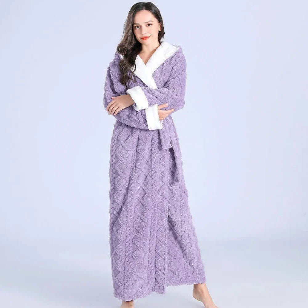 Side view of men's full-length hooded fleece dressing gown with deep patch pockets and relaxed fit