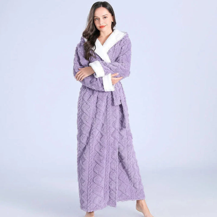 Side view of men's full-length hooded fleece dressing gown with deep patch pockets and relaxed fit