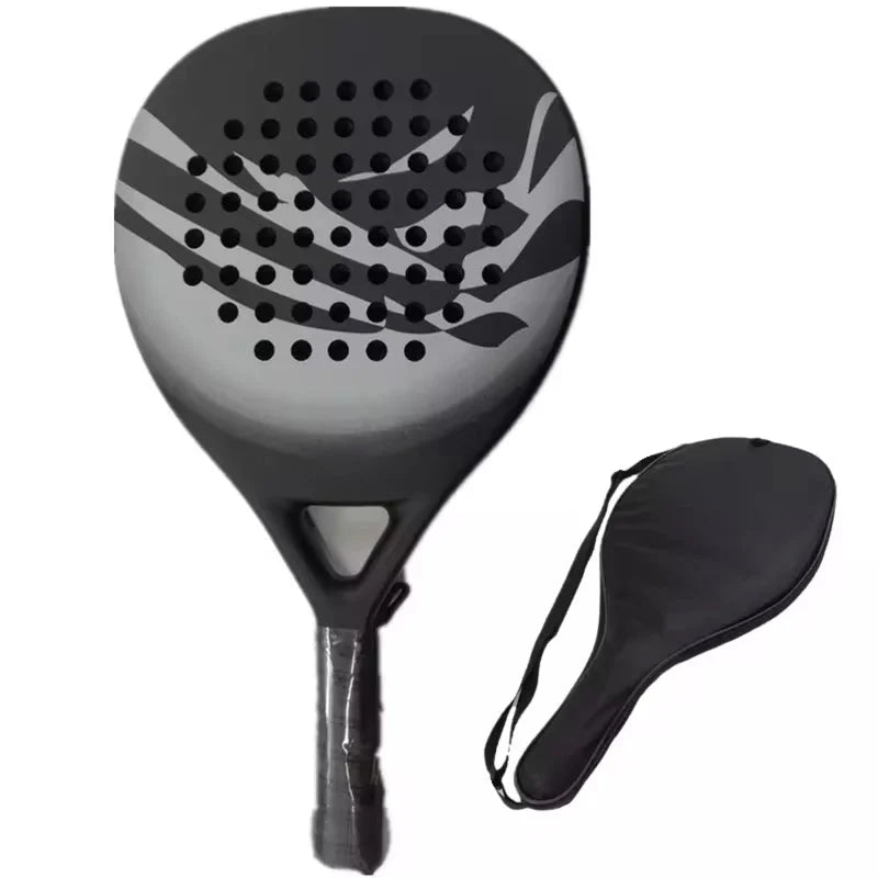 Men's padel racket with carbon fibre frame and teardrop head design with protective carry case