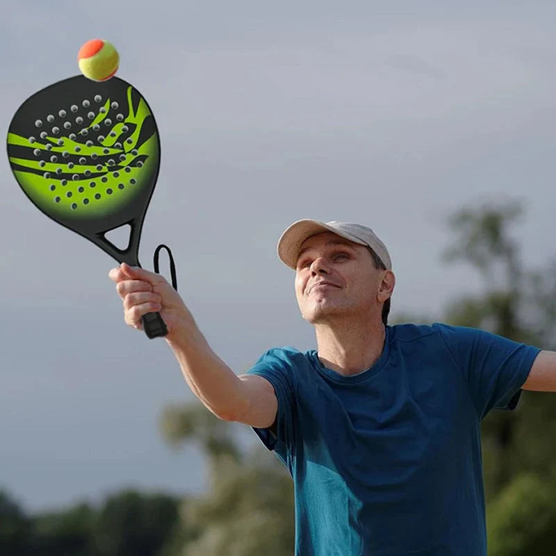 Men's padel racket with carry case demonstrating complete set for court play