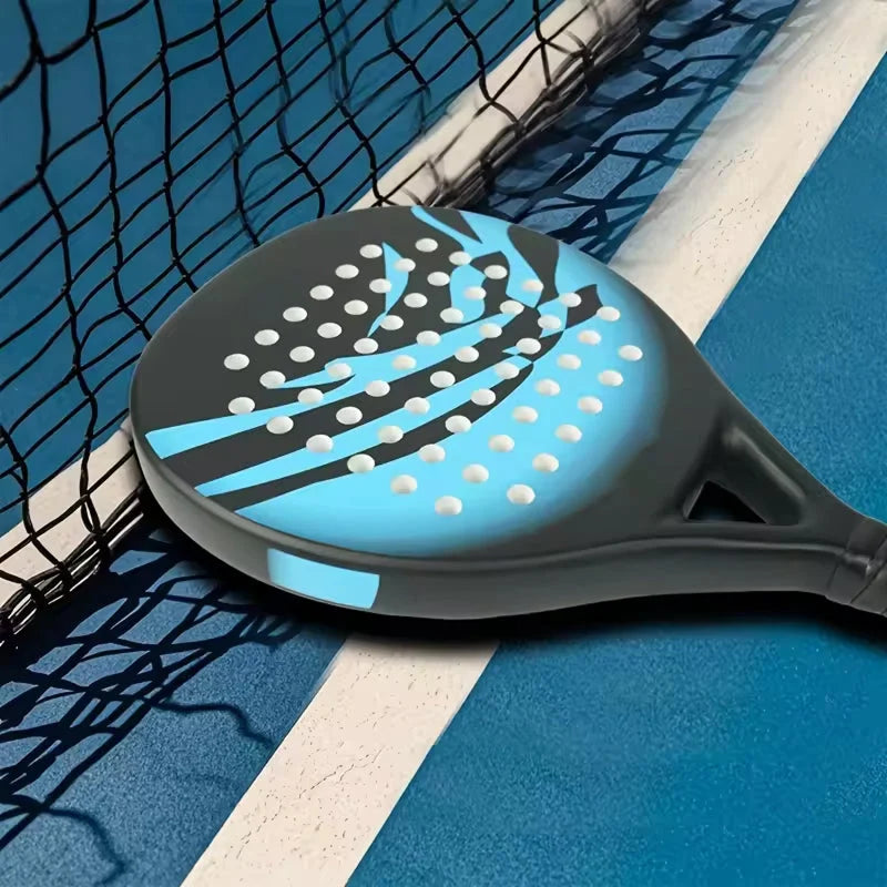 Detail of padel racket sweet spot area with carbon fibre weave pattern visible