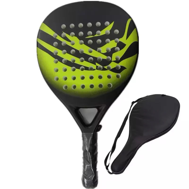Close-up view of padel racket showing enlarged sweet spot and perforated hitting surface
