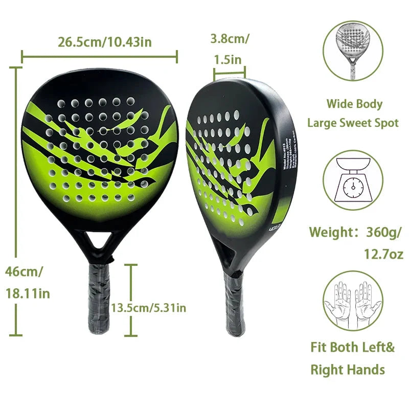 Padel racket face detail showing EVA foam core construction and ventilation holes