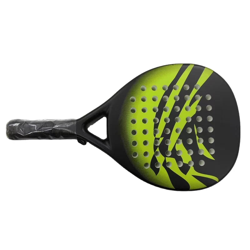 Overhead view of teardrop-shaped padel racket head with carbon fibre reinforcement
