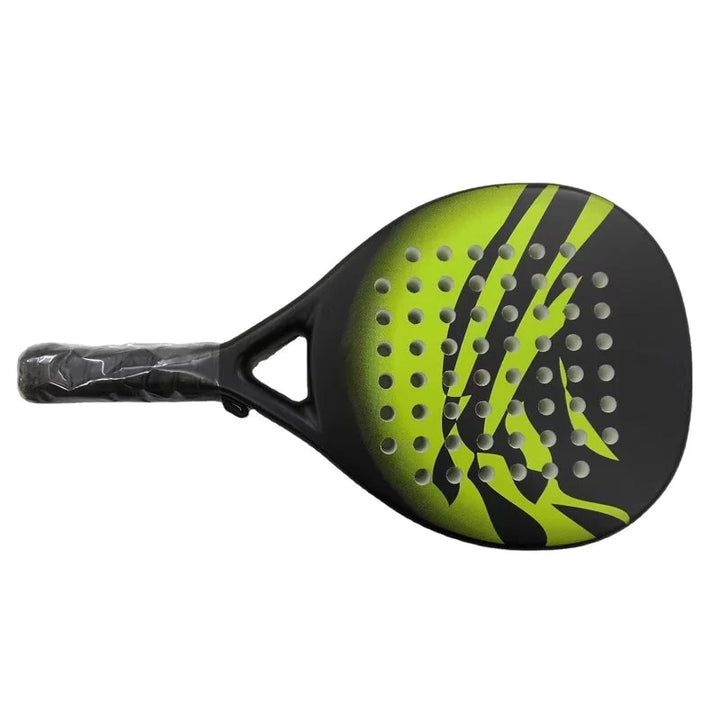 Overhead view of teardrop-shaped padel racket head with carbon fibre reinforcement