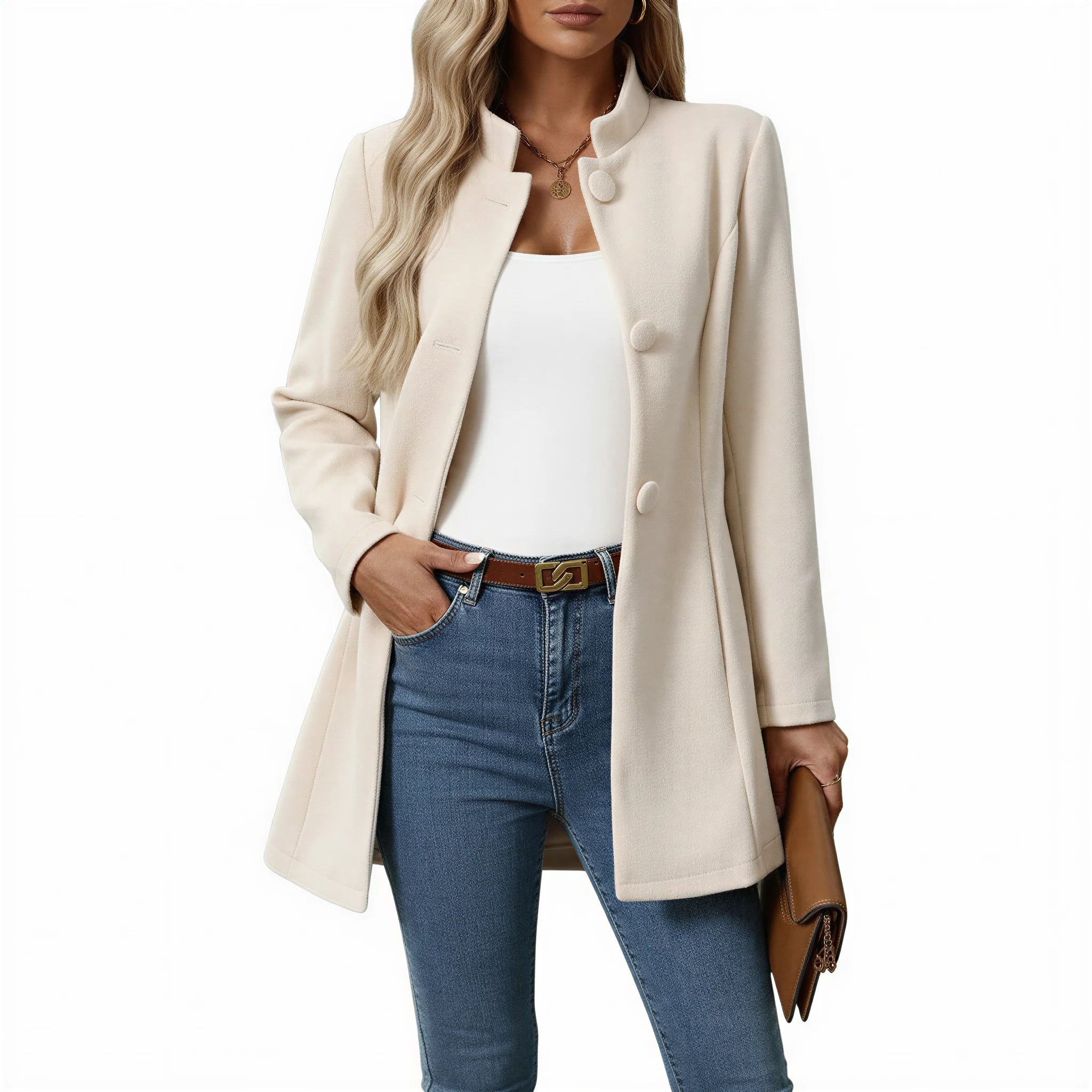 Close-up view of women's A-line coat showing structured fabric and tailored button-front detail