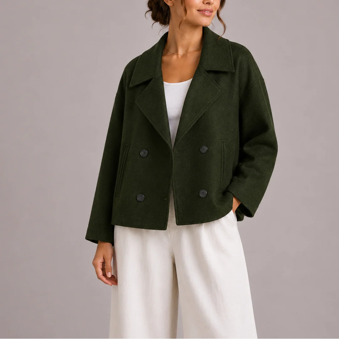 Women's cream blazer styled with wide-leg trousers for a polished casual look