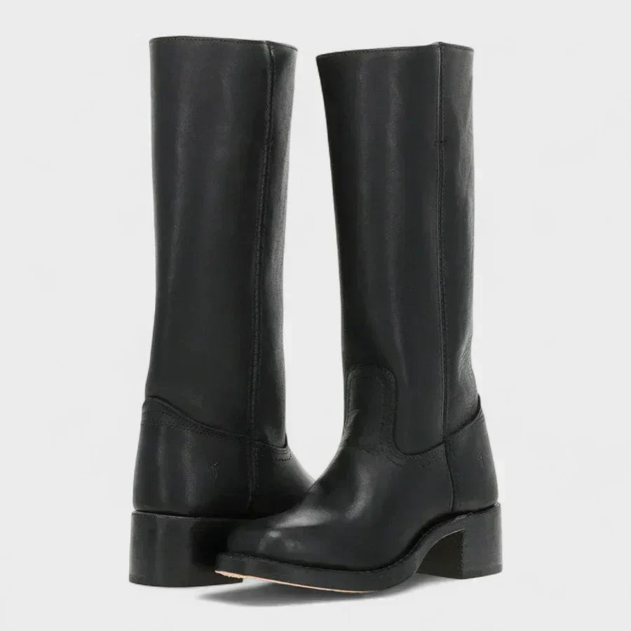 Women's knee-high boots in smooth finish with low block heel and rounded toe
