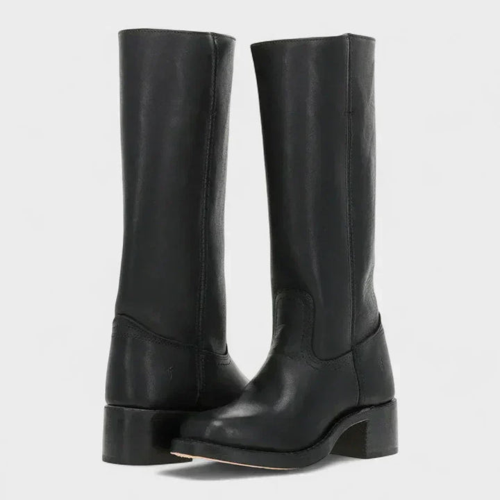 Women's knee-high boots in smooth finish with low block heel and rounded toe