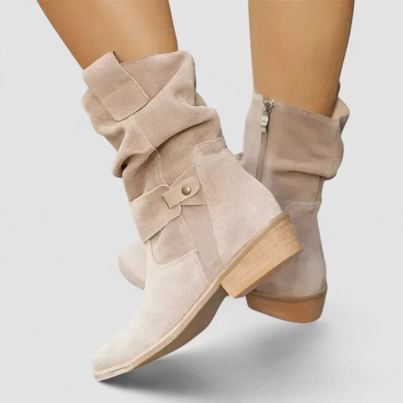 Sophia slouchy ankle boots in beige suede-effect finish with wrap-around straps and low block heel