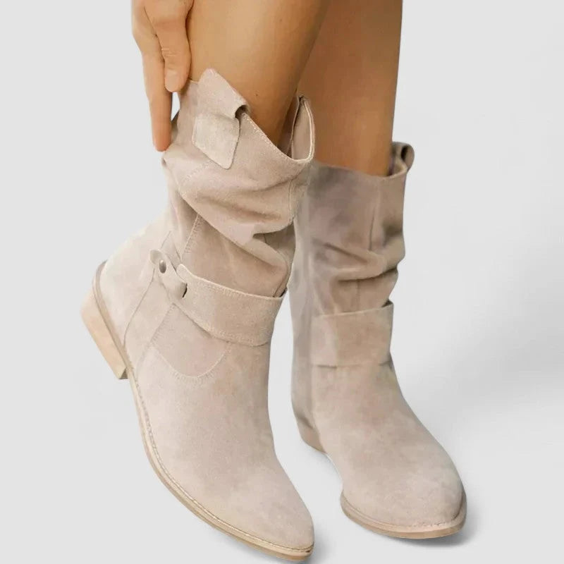 Rear view of beige slouchy ankle boots displaying relaxed fit and block heel construction