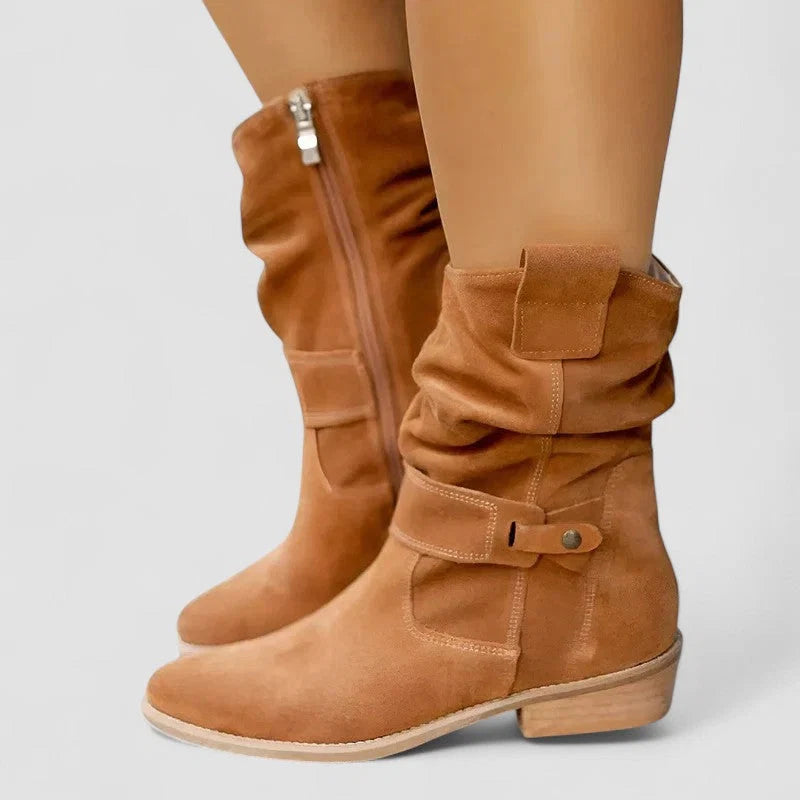 Detail shot of soft suede-effect texture and stitching on women's slouchy ankle boots