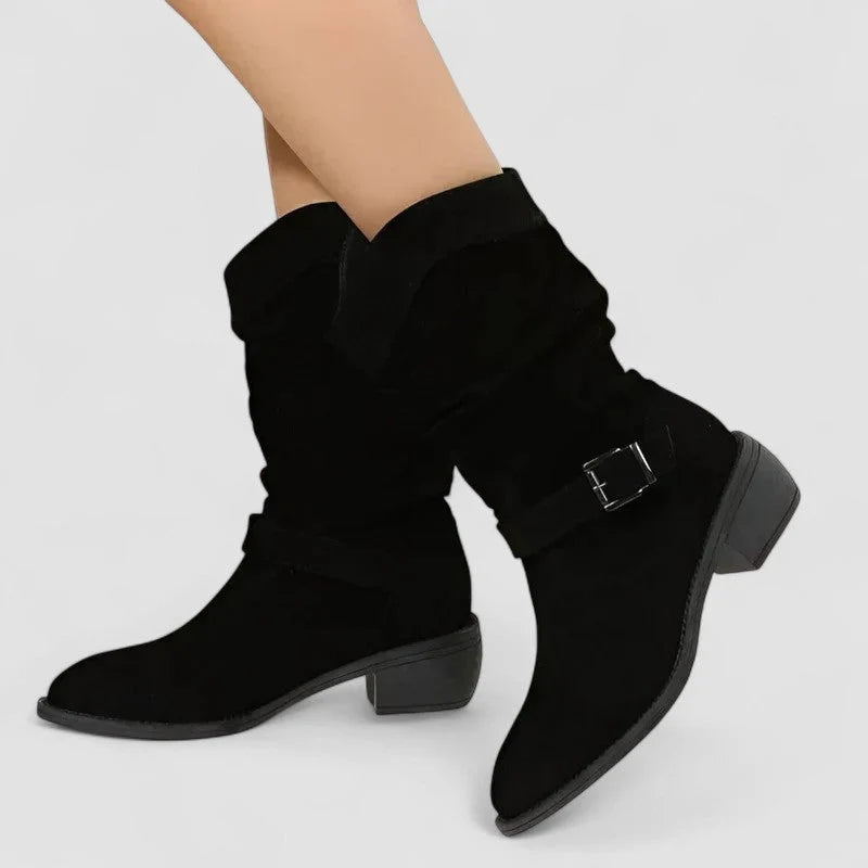Overhead view of slouchy ankle boots highlighting gathered cuff and wrap strap design