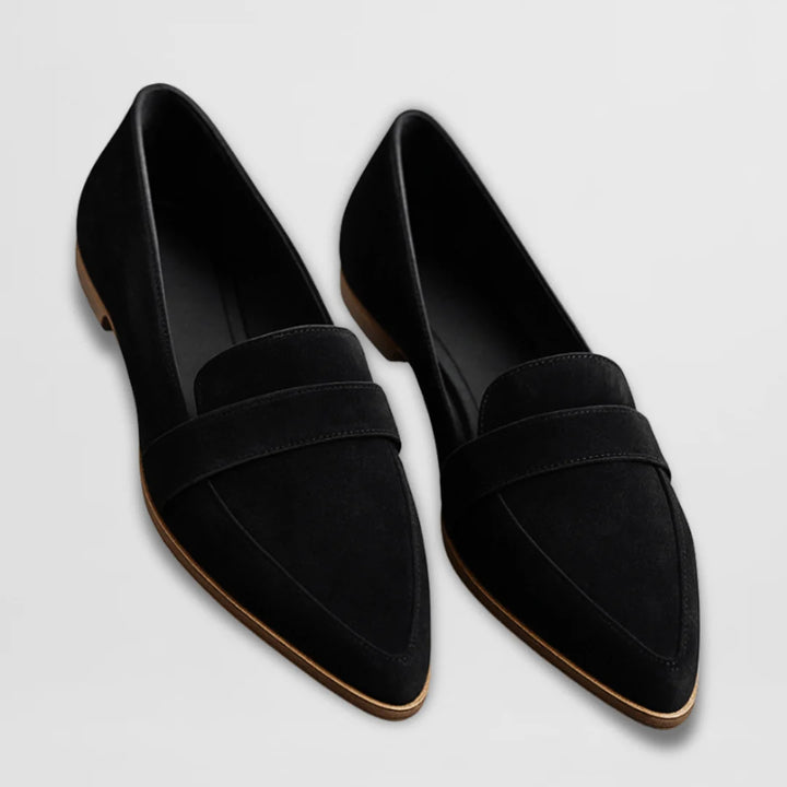 Side profile of women's suede loafers with low-profile sole and cushioned footbed for everyday wear
