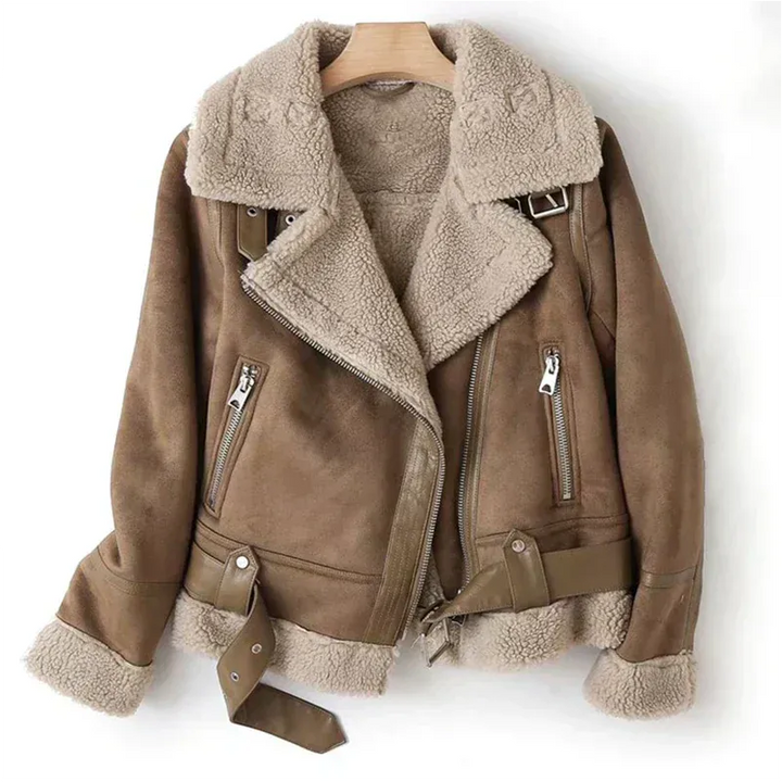 Close-up of women's aviator jacket showing suede-effect exterior and plush sherpa collar detail
